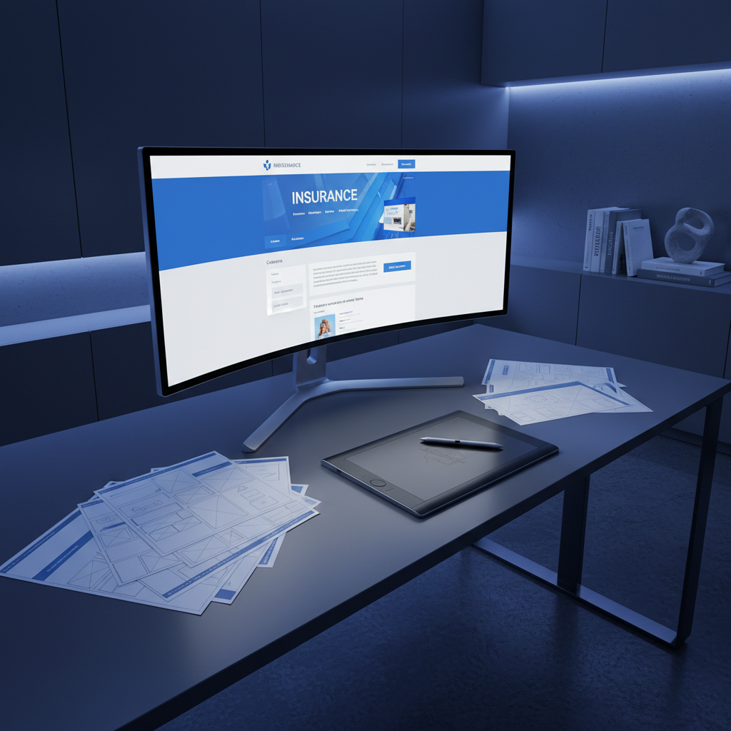 Designer working on laptop in dark studio environment, deep shadows, cool blue monitor glow, moody professional atmosphere