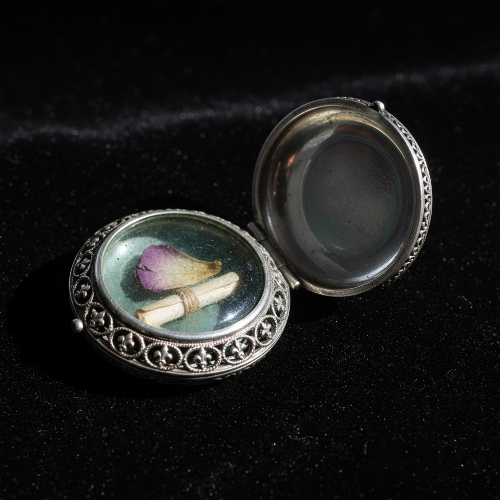 Reliquary locket in sterling silver with antique glass window, open on black velvet