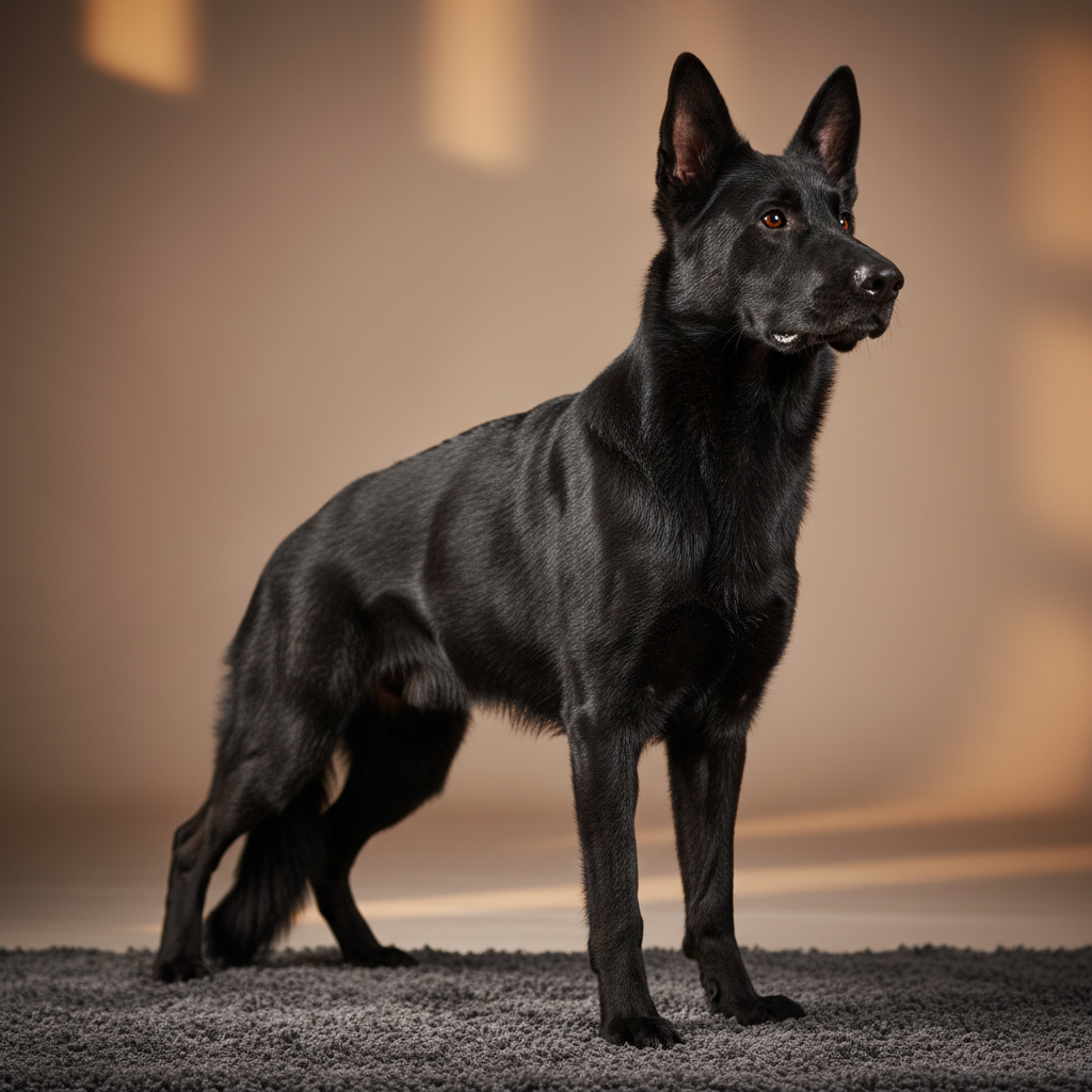 All-black German Shepherd post-groom, coat shining, standing proud in warm studio light