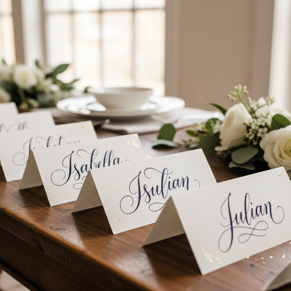 Close-up of hand-written calligraphy on a place card next to a small garden rose