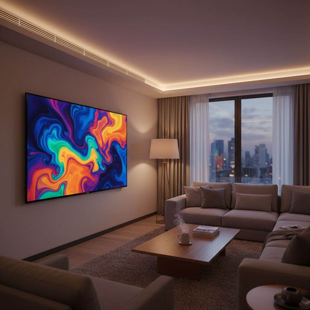 Modern flat screen television mounted on wall displaying vibrant colorful content in a bright living room