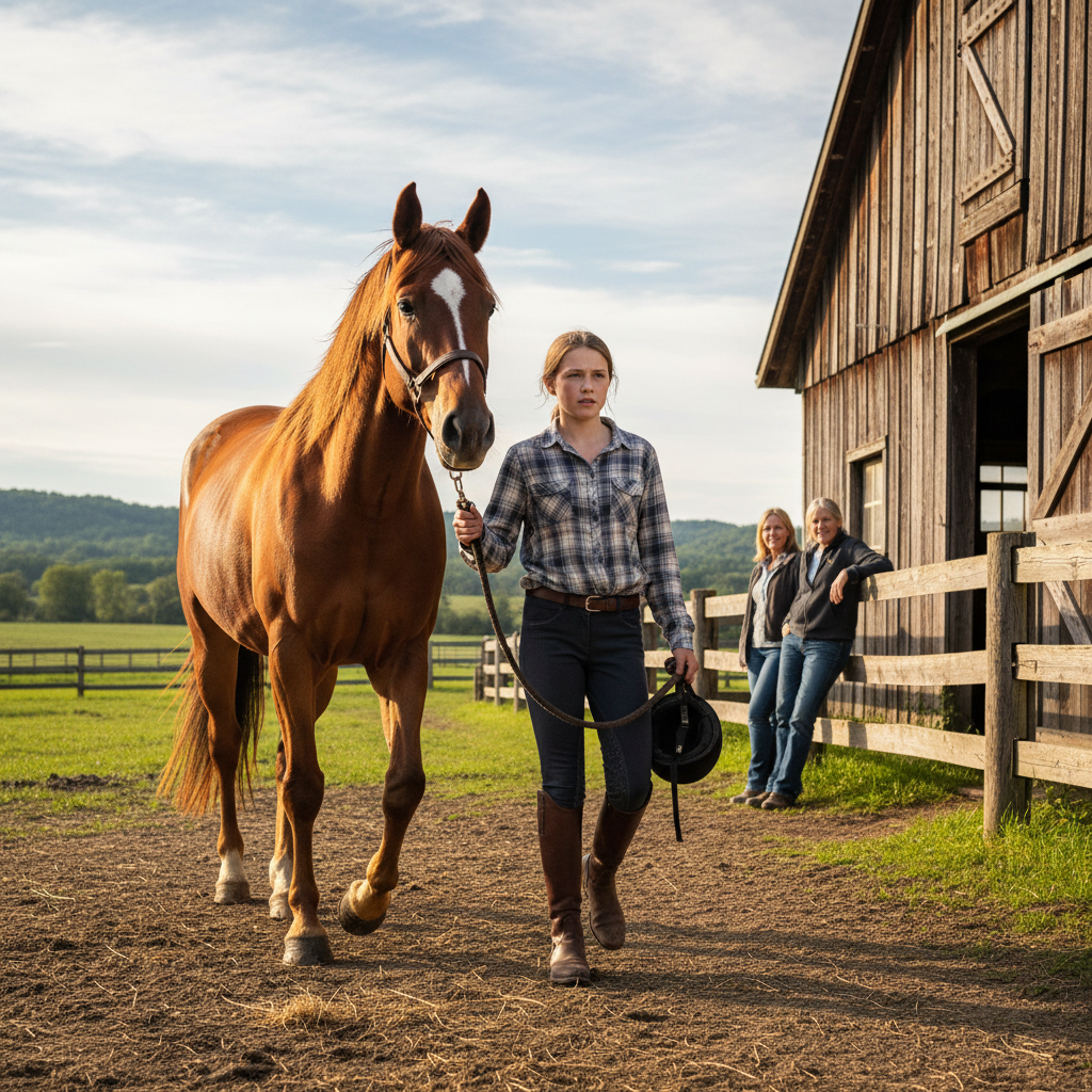 Young rider leading her horse back to the barn alone, parents watching from the fence