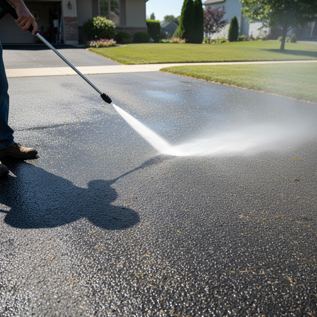 Professional pressure washing a residential driveway in Las Vegas, Nevada — bright water spray against clean concrete surface