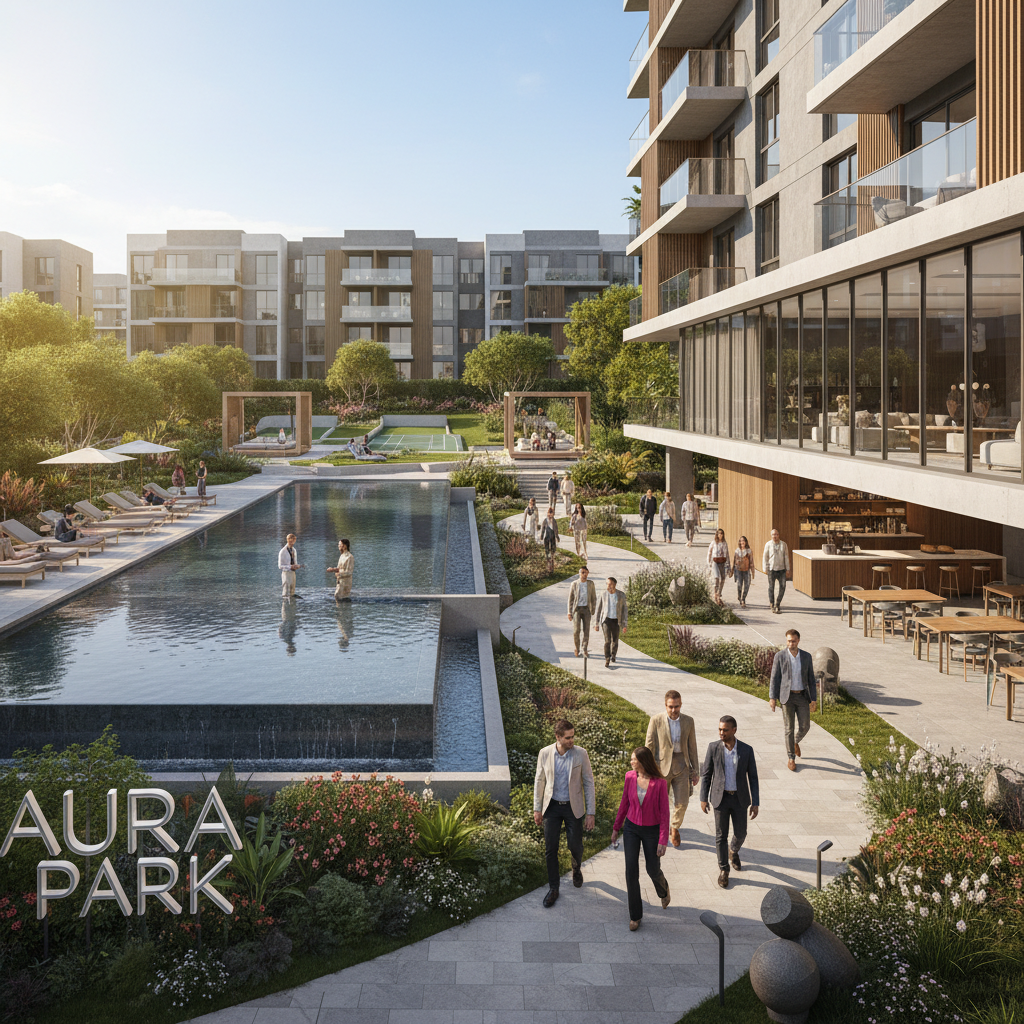 Modern apartment complex exterior with well-lit common areas and amenity spaces