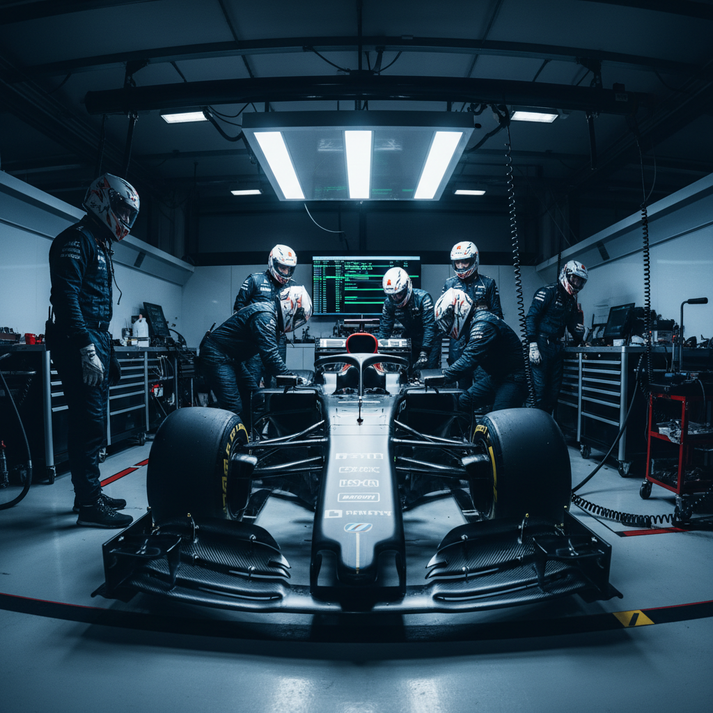 Formula 1 car in pit lane garage with mechanics — technical detail showing components and manufacturing precision for cost breakdown
