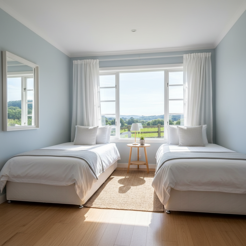 The Stable twin room — two single beds with crisp white linen, light and airy space