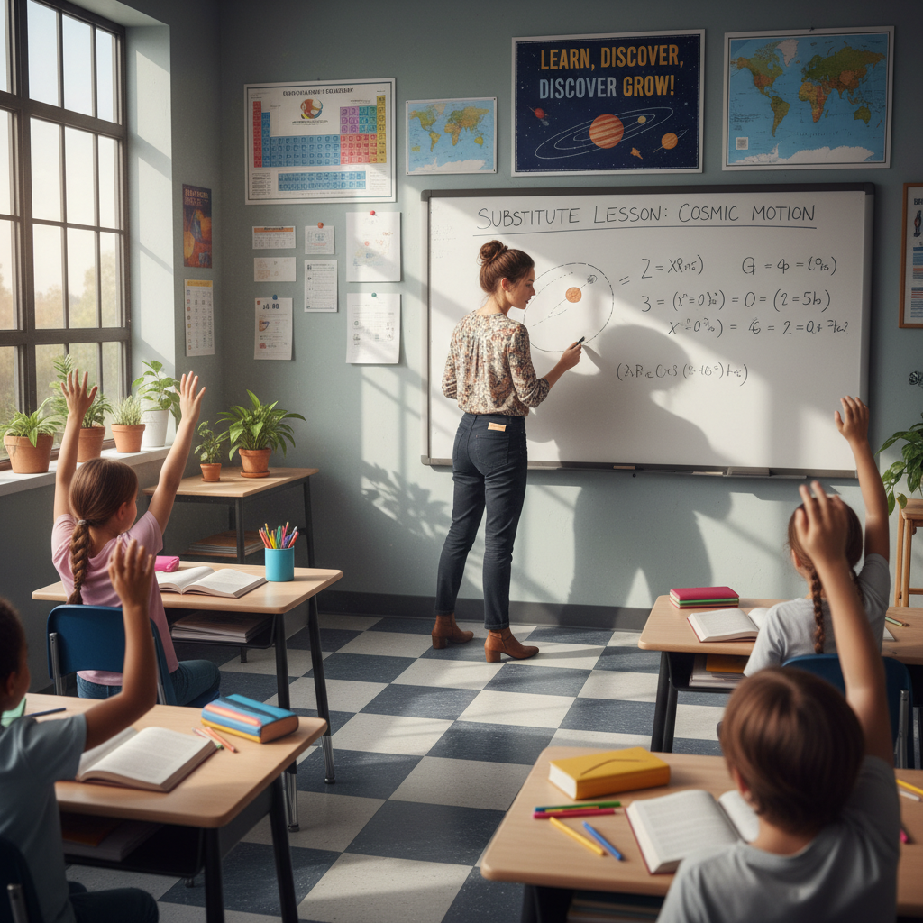 Substitute teacher writing on a whiteboard while students raise hands in a well-lit elementary classroom