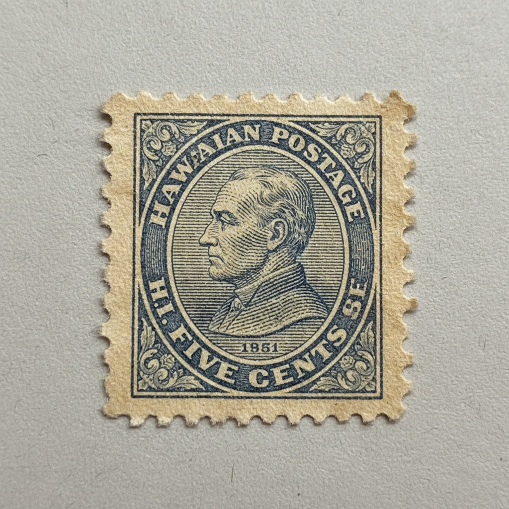 Hawaiian Missionary stamp with frayed edges showing classic 1851 design on buff paper