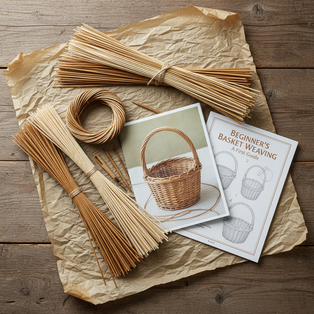 Beginner basket weaving kit with reed bundles and instruction booklet laid on parchment paper