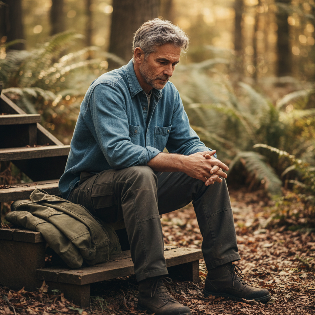 A man in his 50s sitting on a wooden step outdoors, jacket folded beside him, looking quietly at the forest floor