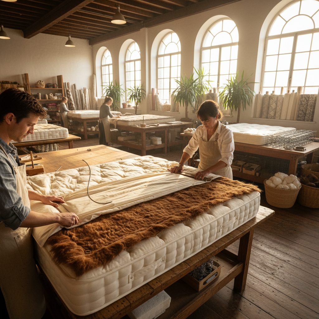 Artisan bedroom with a natural fiber mattress on a handcrafted wooden bed frame and soft morning light