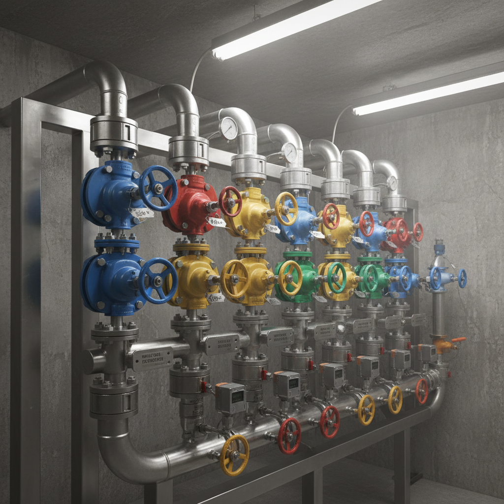 Process piping manifold with color-coded valves and identification tags