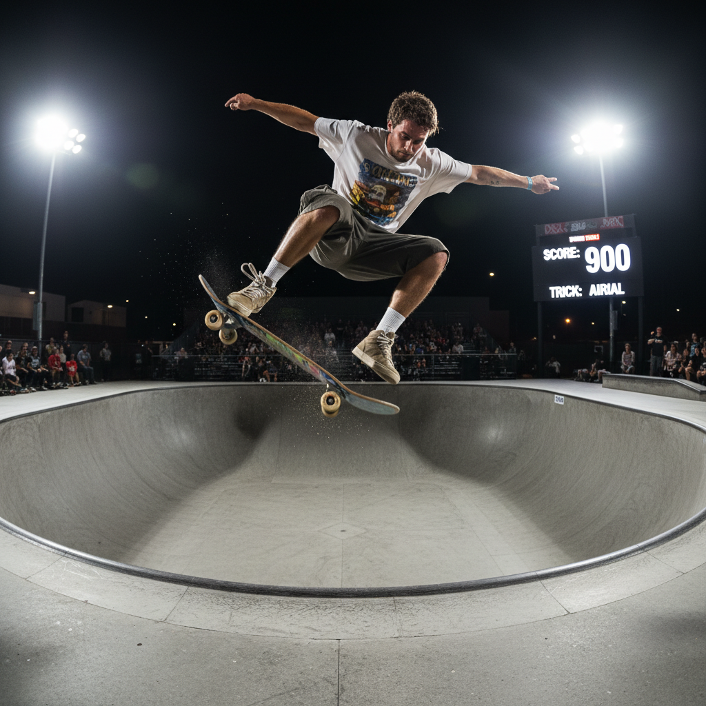 Skateboarder executing a 900-degree rotation above a halfpipe under stadium lights