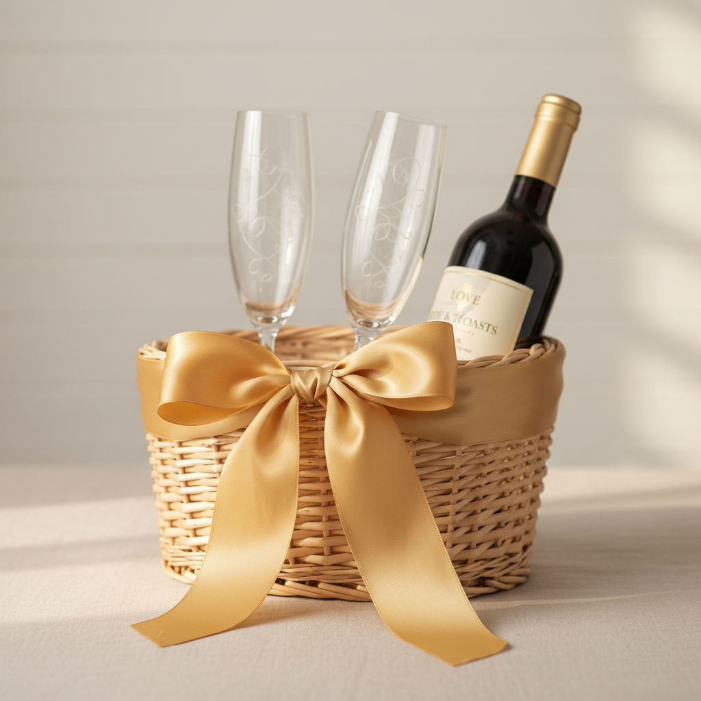 Elegant bridal gift hamper wrapped in white and gold ribbon on a bright table