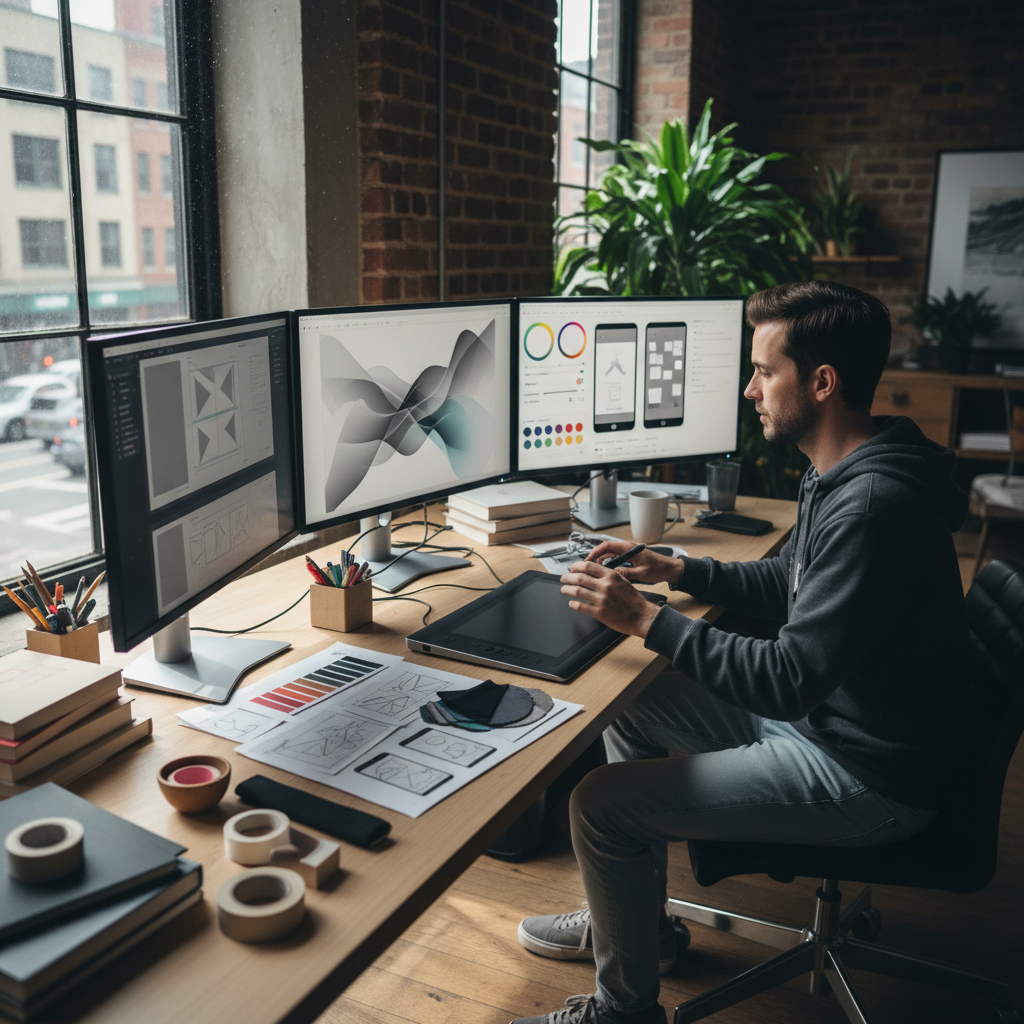 Designer working on UI wireframes and mockups on bright desk with multiple screens