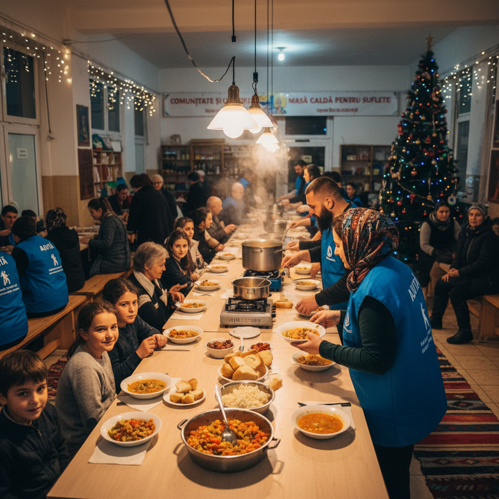 Food distribution in dimly lit community center, warm shadows, atmospheric lighting