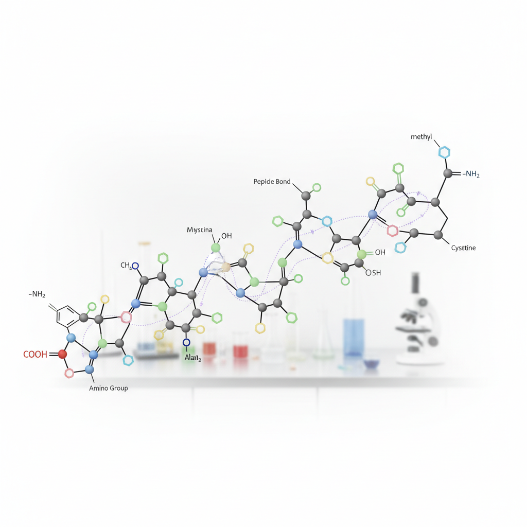 Molecular model of peptide chain structure, dark blue background, white crystalline bonds
