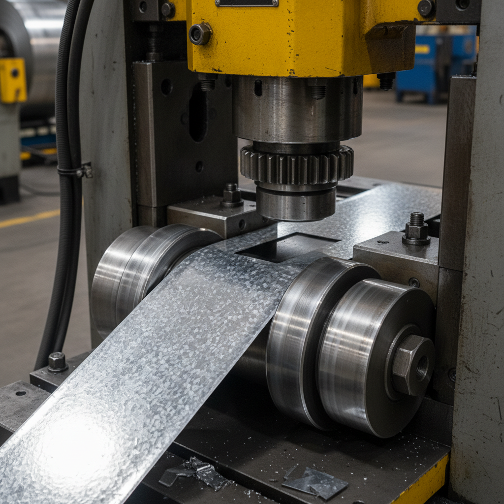 Close-up of galvanized steel coil being fed into industrial punch press on a factory floor