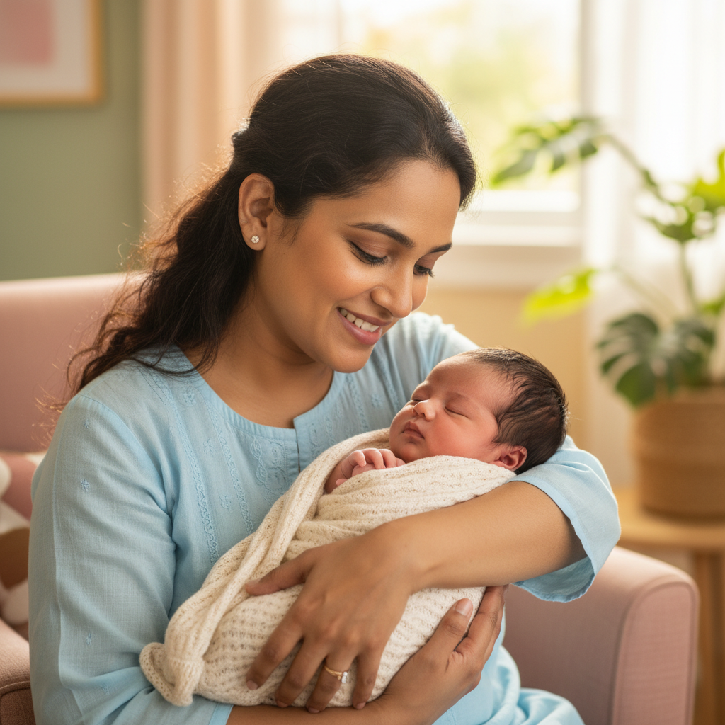 Smiling South Asian woman holding newborn baby in soft morning light