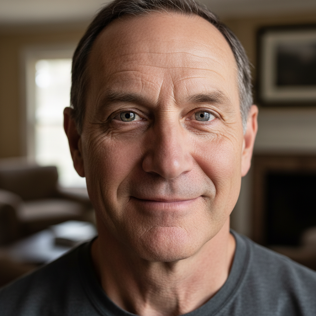Close-crop portrait of Dale Hoffmeister, man in 50s with kind eyes and slight smile, warm light