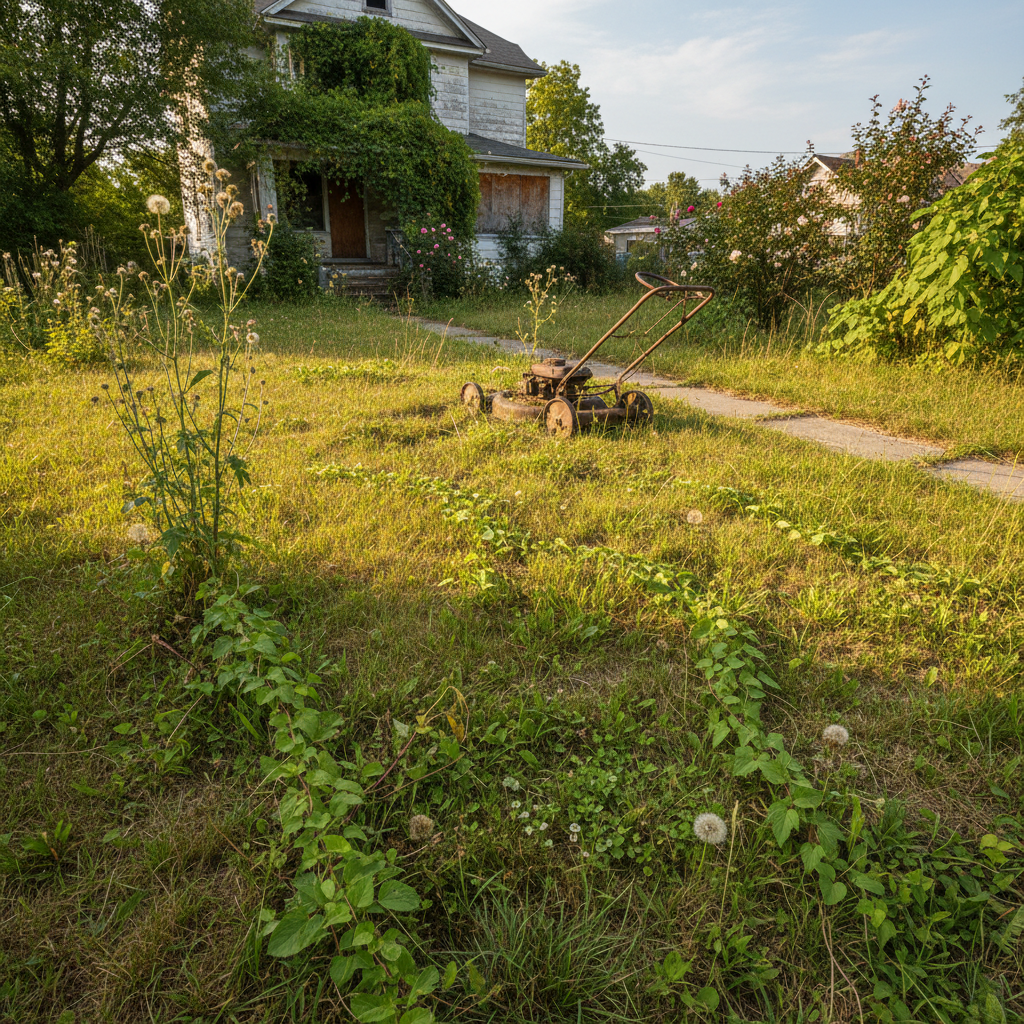 Overgrown residential lawn with patchy grass and visible weeds