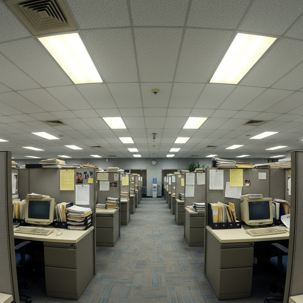 Old corporate office with cubicles and drop ceiling tiles, fluorescent lighting