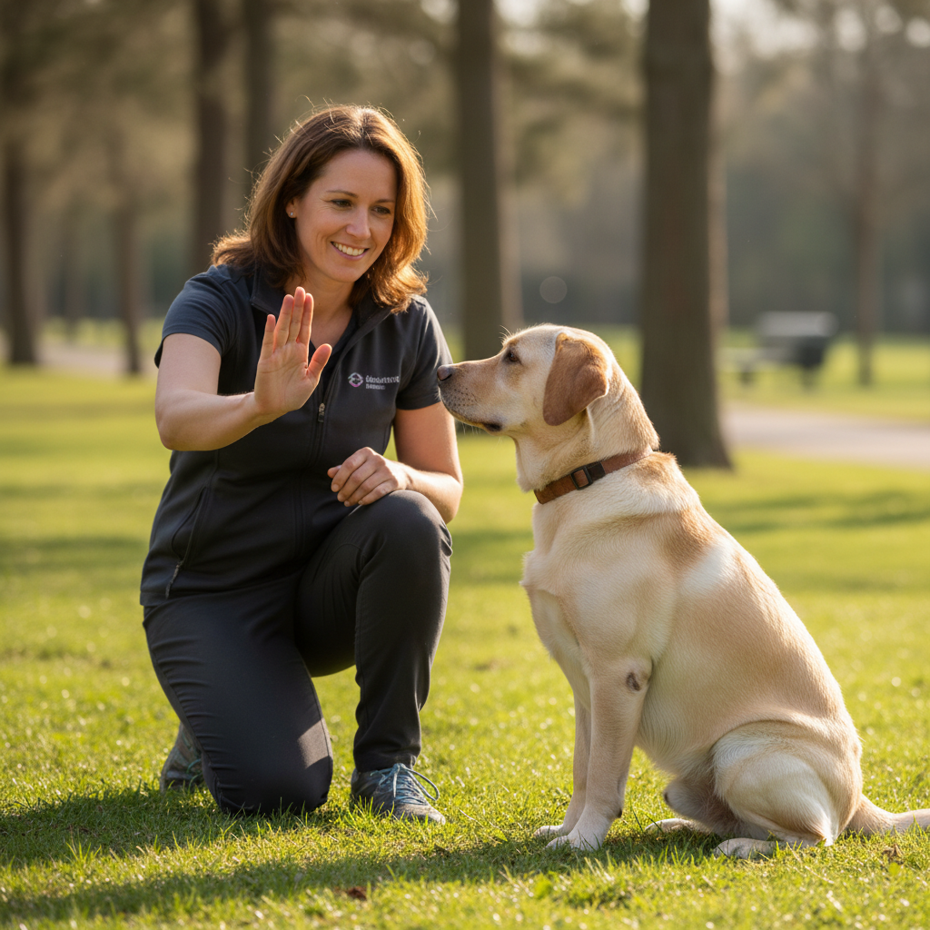Trainer working one-on-one with a focused Labrador Retriever in a bright suburban backyard, clear sky, handler giving sit command