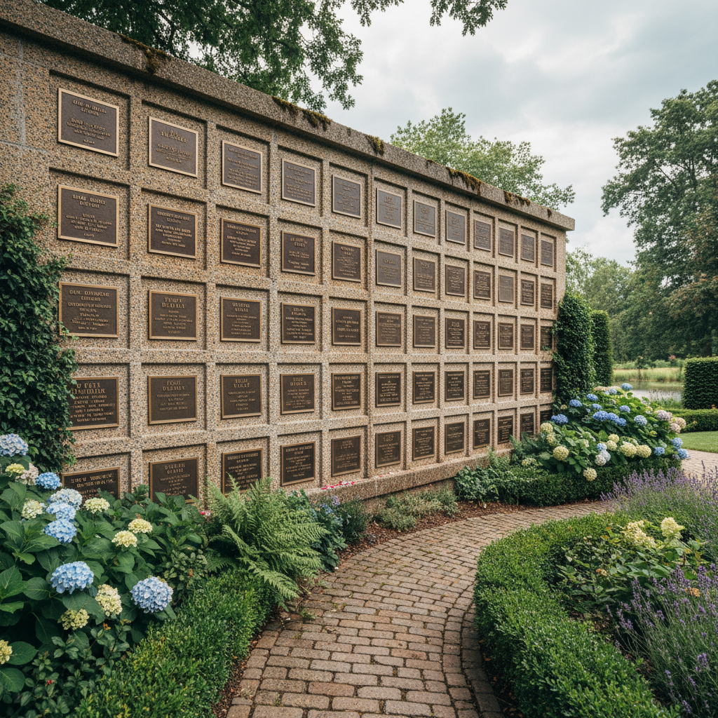 Cast stone columbarium niche wall with memorial plaques in a garden setting
