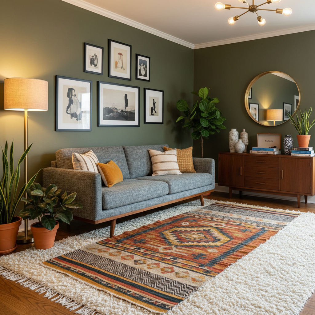 Cohesive, warm split-level living room with intentional furniture arrangement after redesign