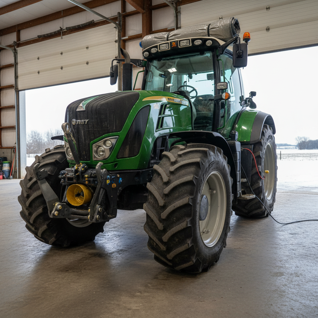 Large green tractor parked inside a metal equipment shop bay, afternoon light through open doors