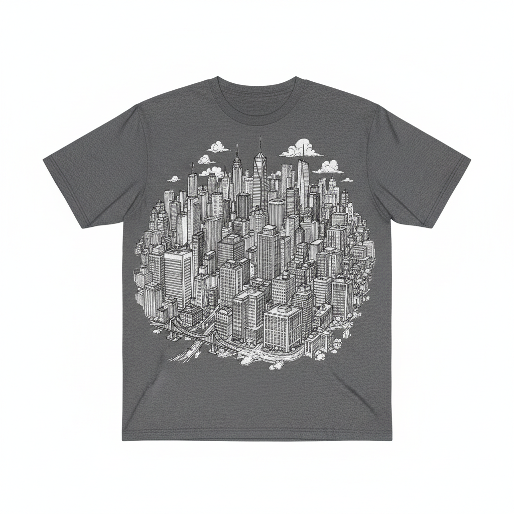 Grey tee with dense urban skyline sketch printed across the full front