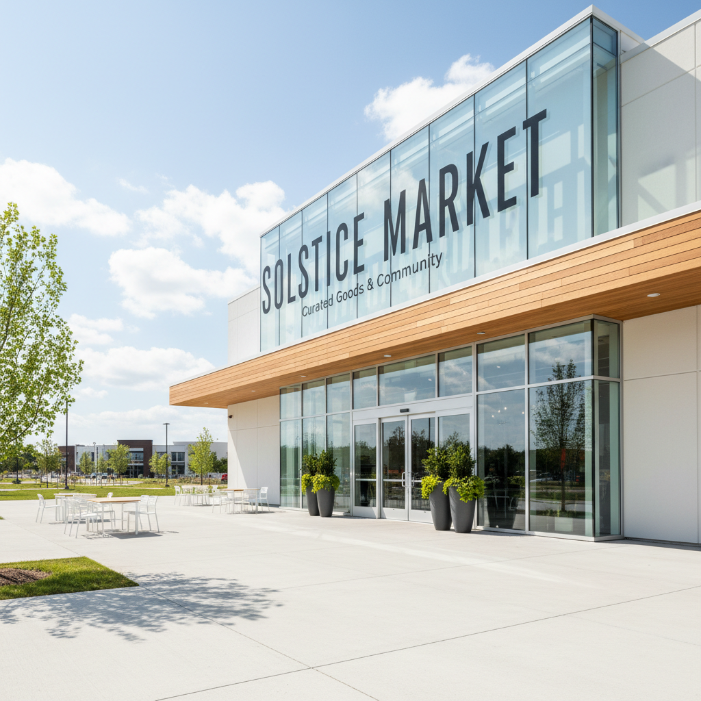 Modern retail strip mall exterior, clean facade, parking area, bright daylight, open commercial space