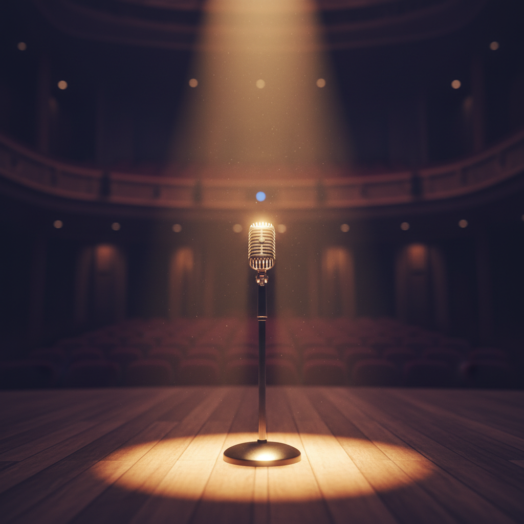 Warm stage lighting with microphone in foreground against dark theater background