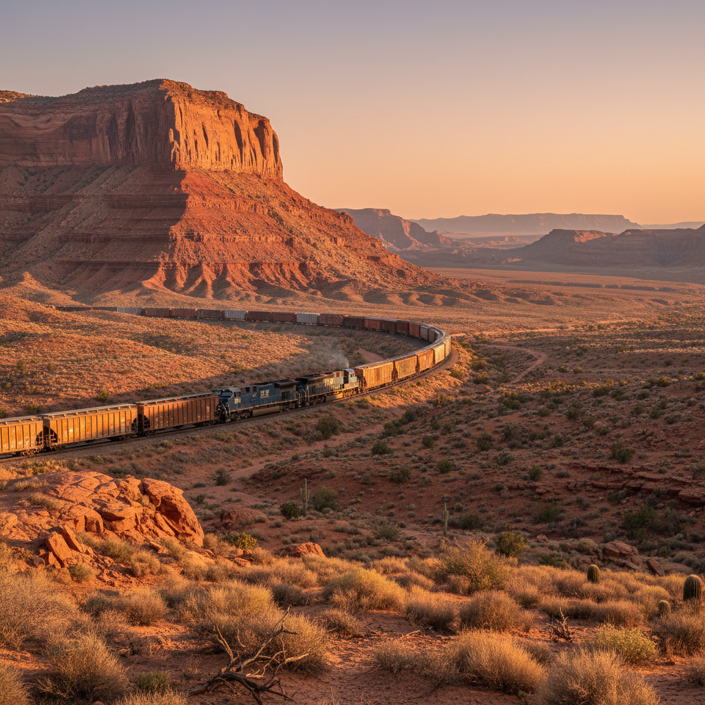 Vast desert valley at golden hour with freight train moving through landscape below mesa ridge