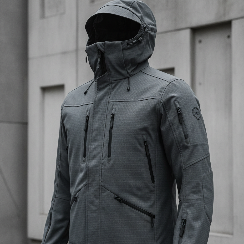 Model in black utility bomber jacket with multiple pockets against concrete wall