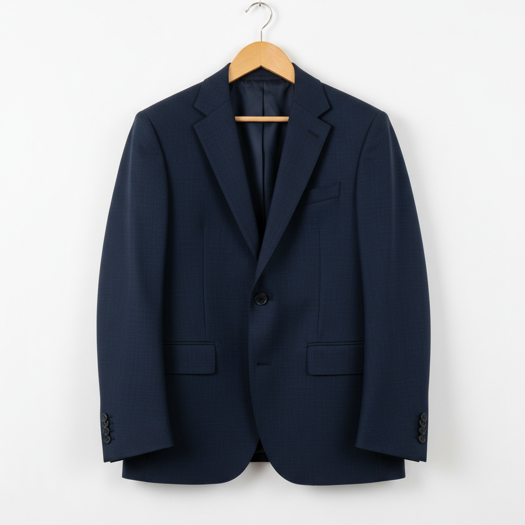 Charcoal structured blazer on a hanger against a clean white wall with dramatic side lighting