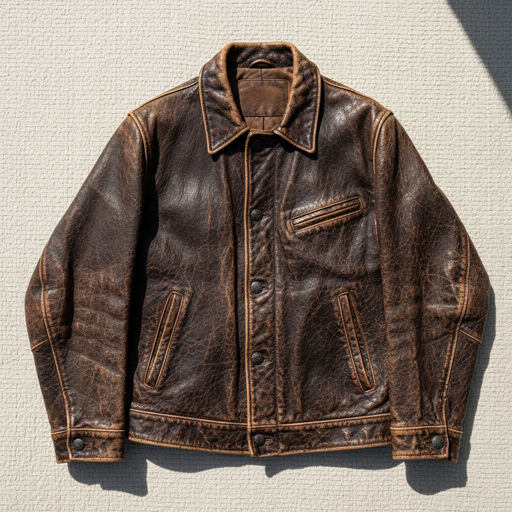 Aged brown leather jacket surface showing natural patina, cracks, and character marks from years of wear