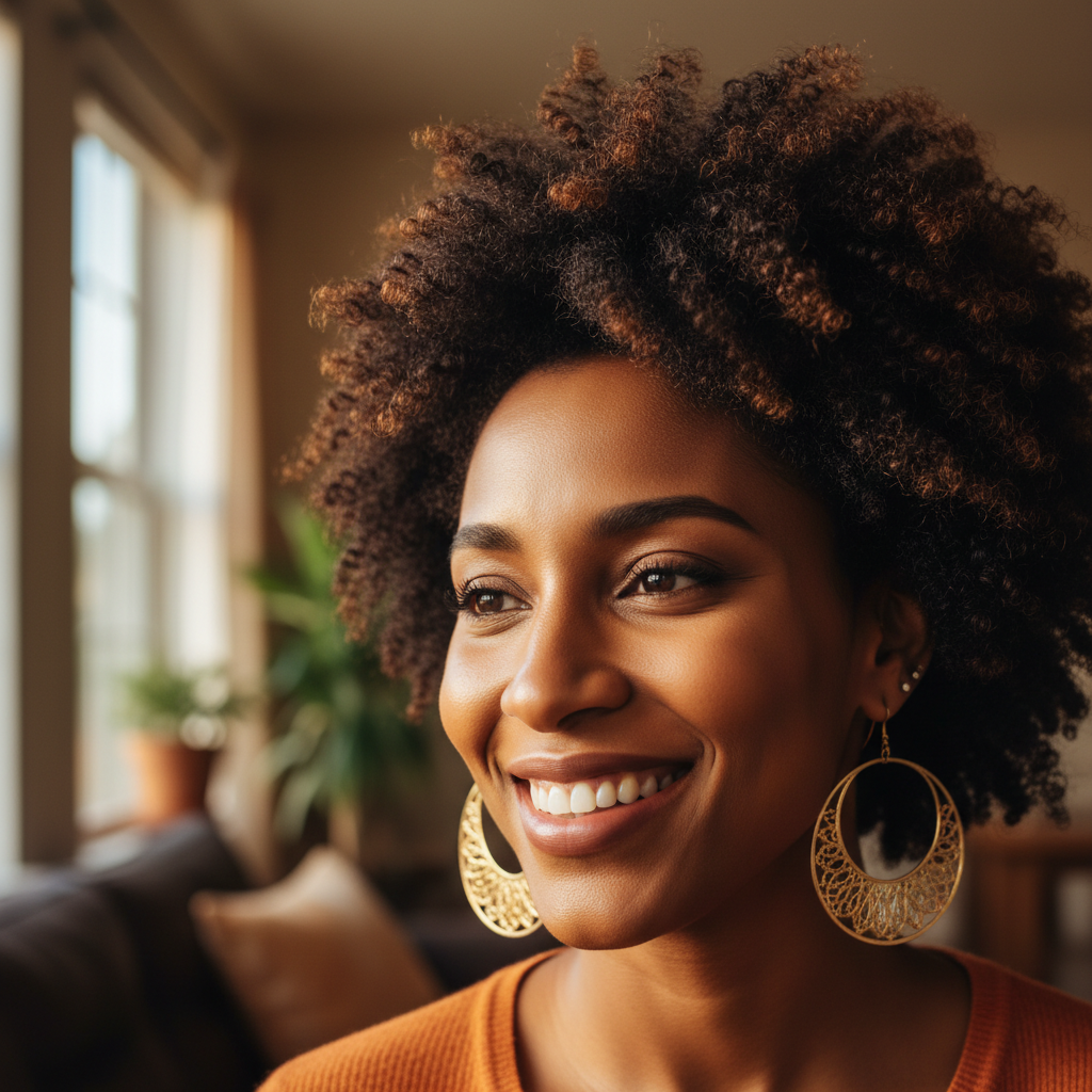 Amira Hassan, a Sudanese-American woman with warm smile, natural hair, wearing gold earrings
