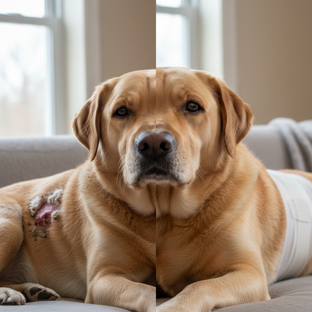 Before and after post-surgical hygiene care for a labrador