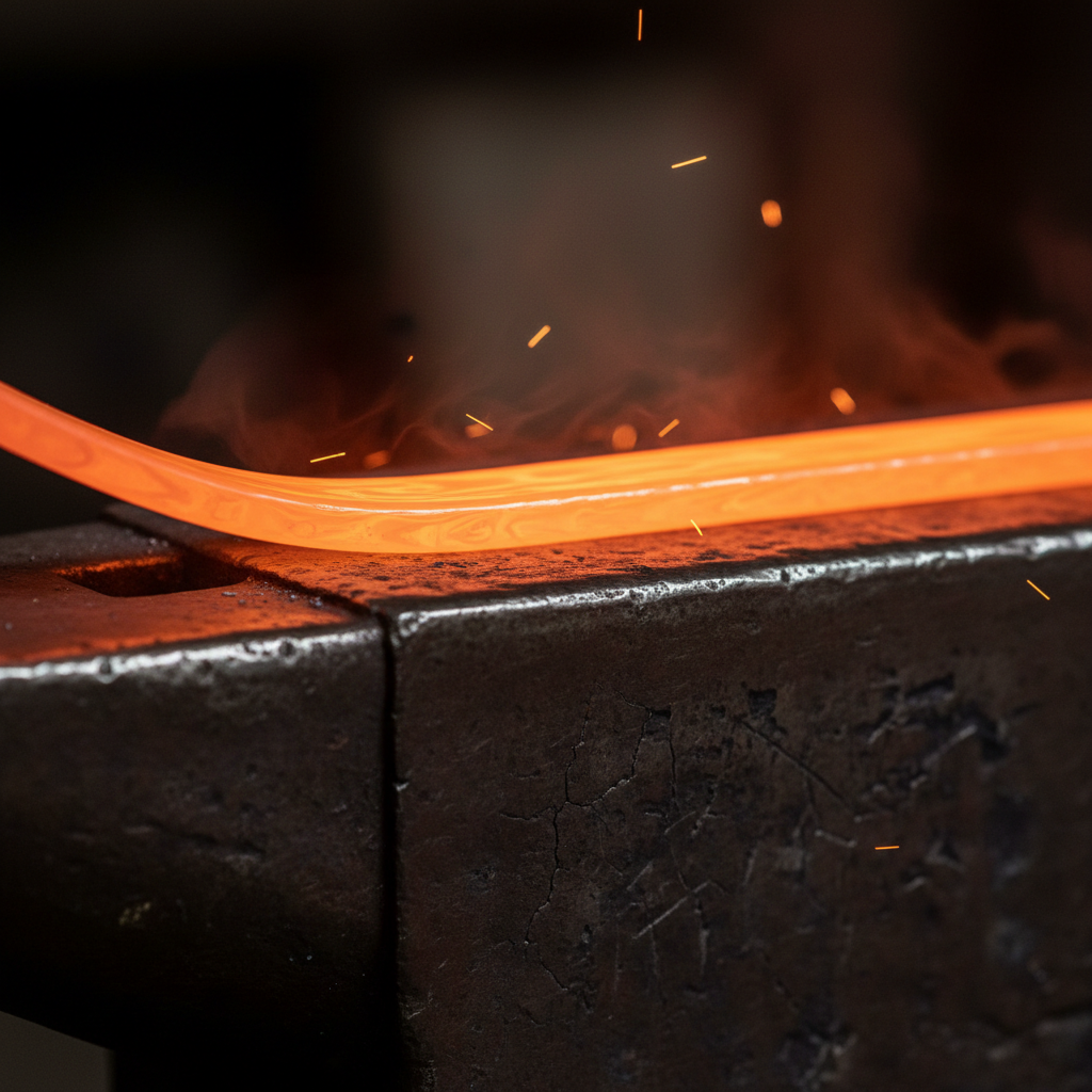 Glowing orange steel being drawn out on an anvil with a cross-peen hammer