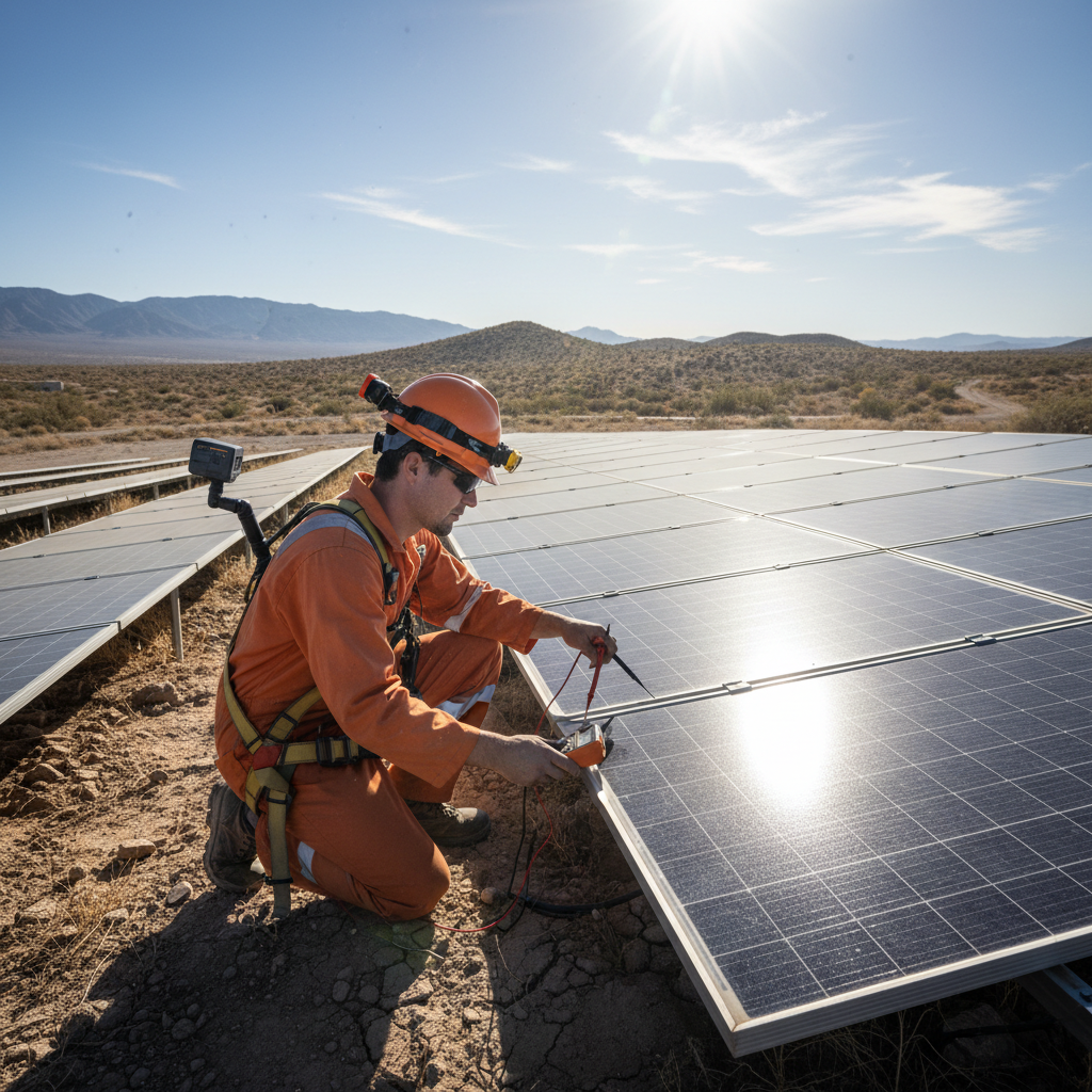 Solar technician inspecting panel connections on residential rooftop installation