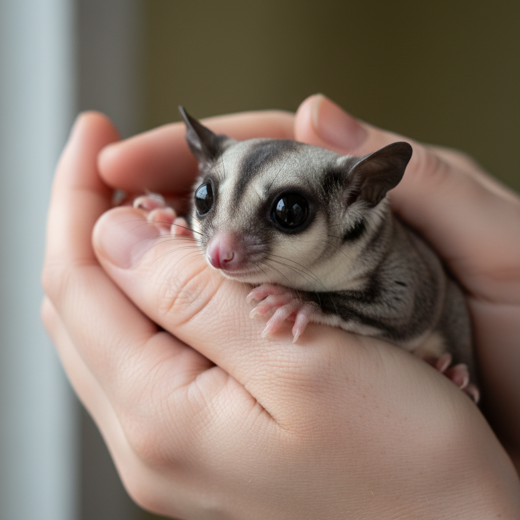 Sugar glider resting in warm cupped hands, eyes wide and calm, fur soft against skin