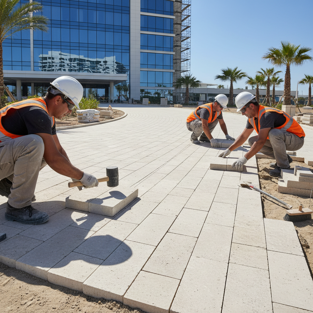 Limestone pavers being laid on a hotel entry drive, precise alignment with rubber mallet setting