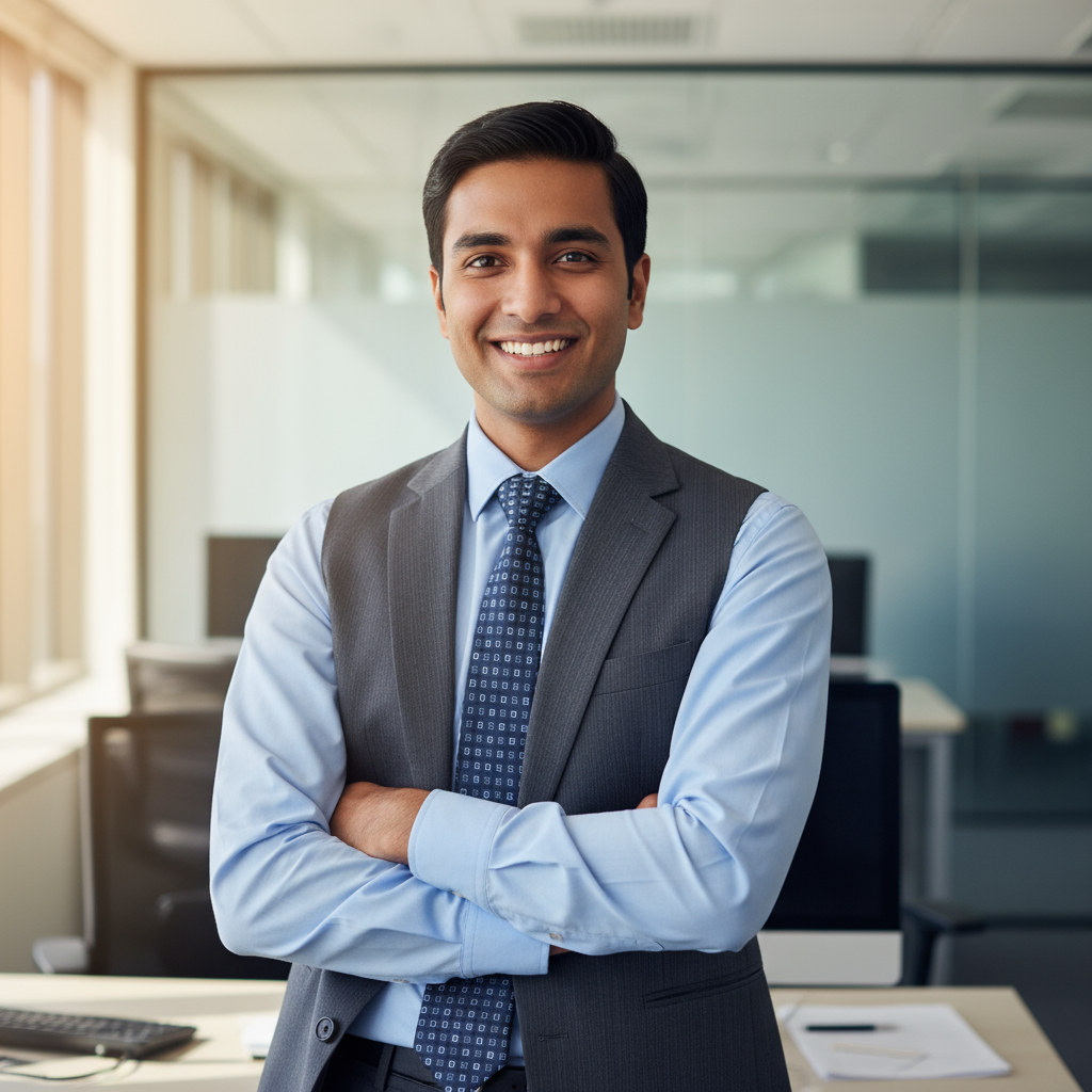 Young Indian male professional in blue shirt smiling at camera in office setting