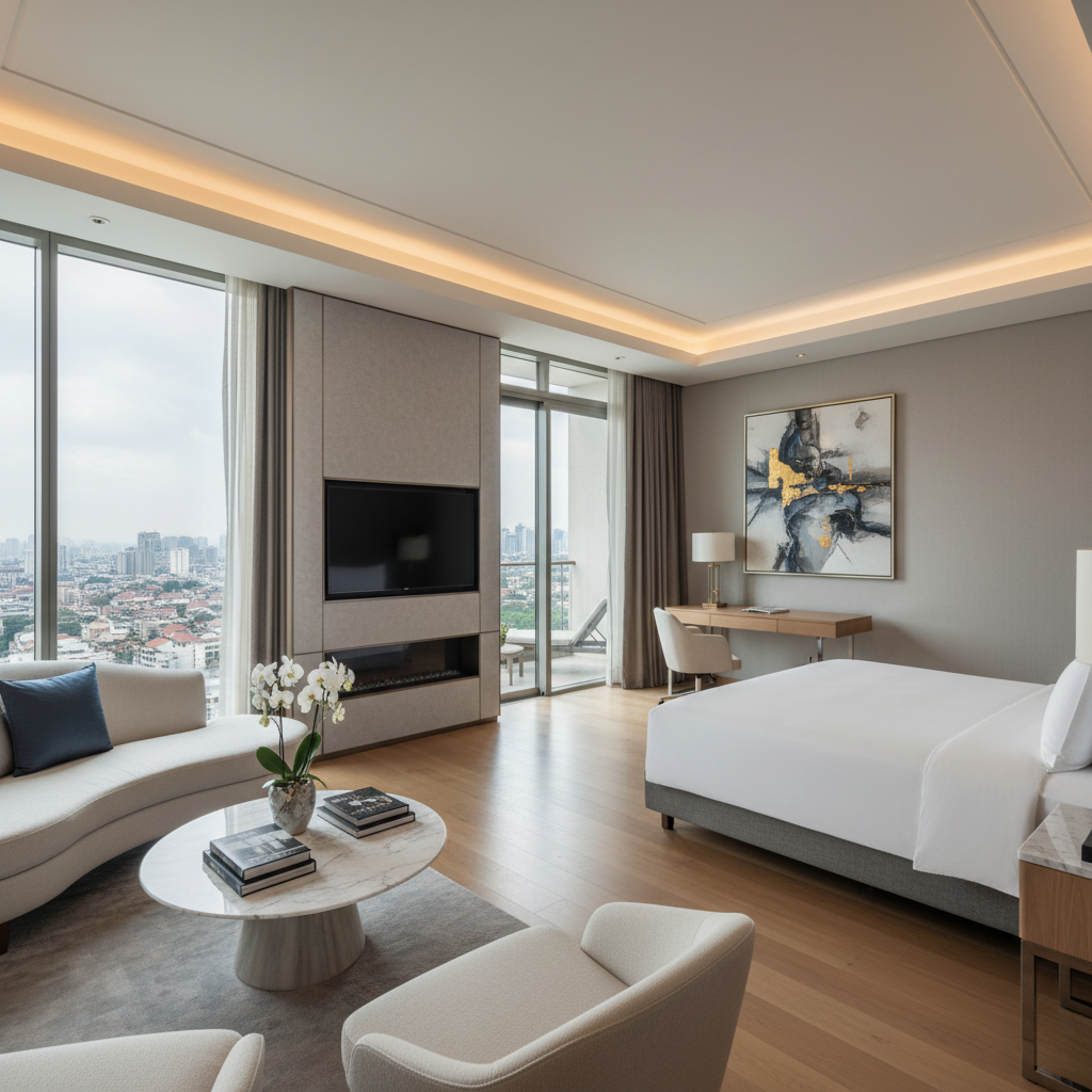 Super deluxe hotel room with king-size bed, elegant decor, large windows with natural light, and sitting area