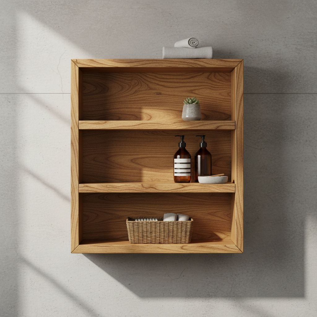 Sealed white oak bathroom shelf with moisture-resistant finish mounted above a sink
