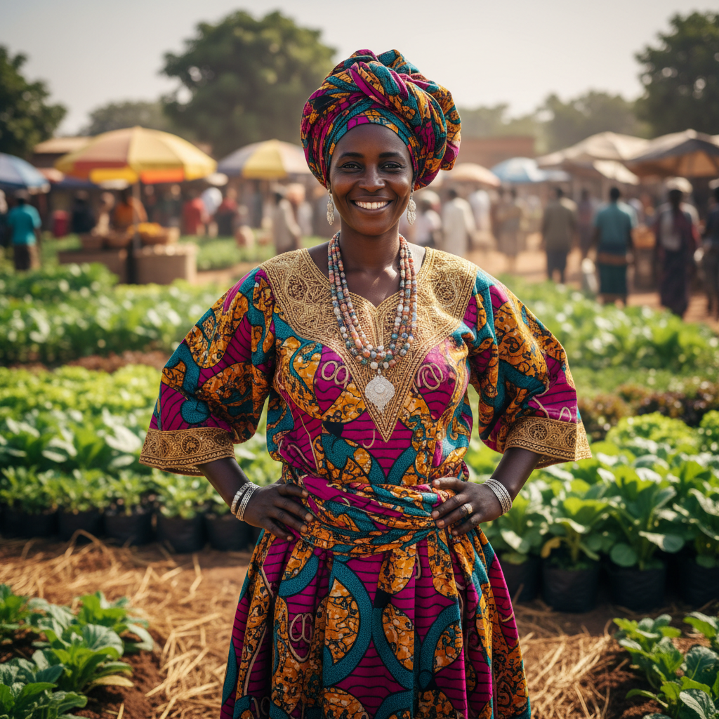 Portrait of a Burkinabè woman in colorful traditional dress standing in her market garden