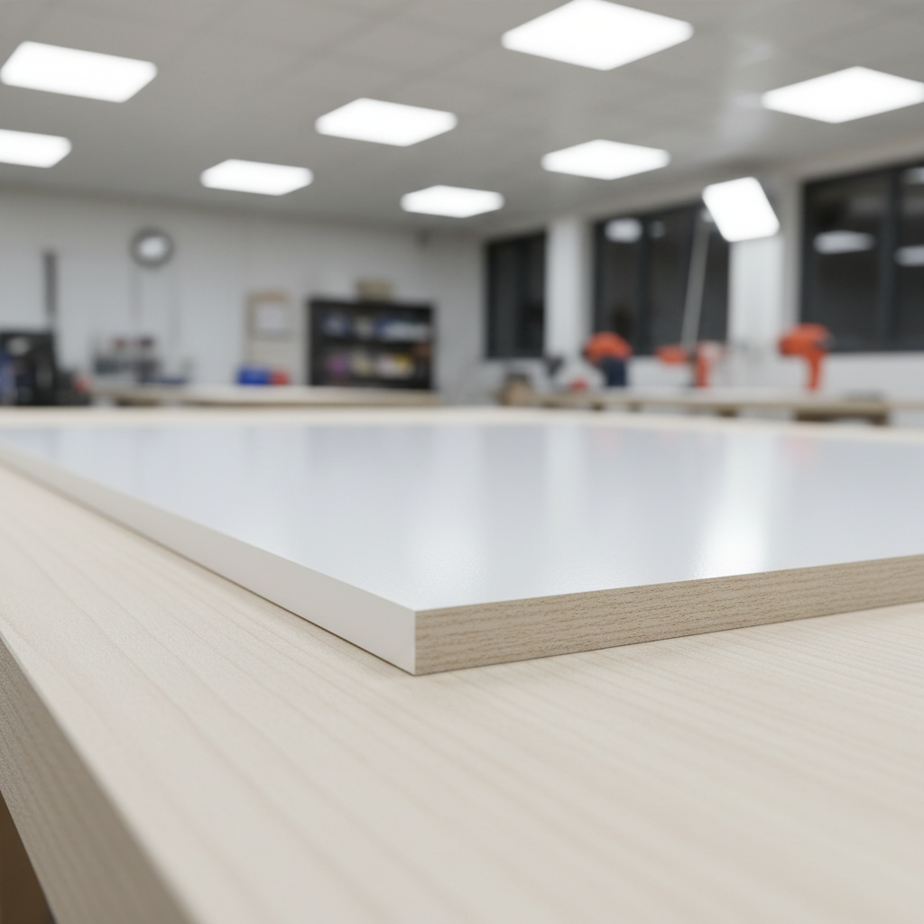 Smooth block board panels stacked neatly in a well-lit lumber yard showing clean edges and uniform surface