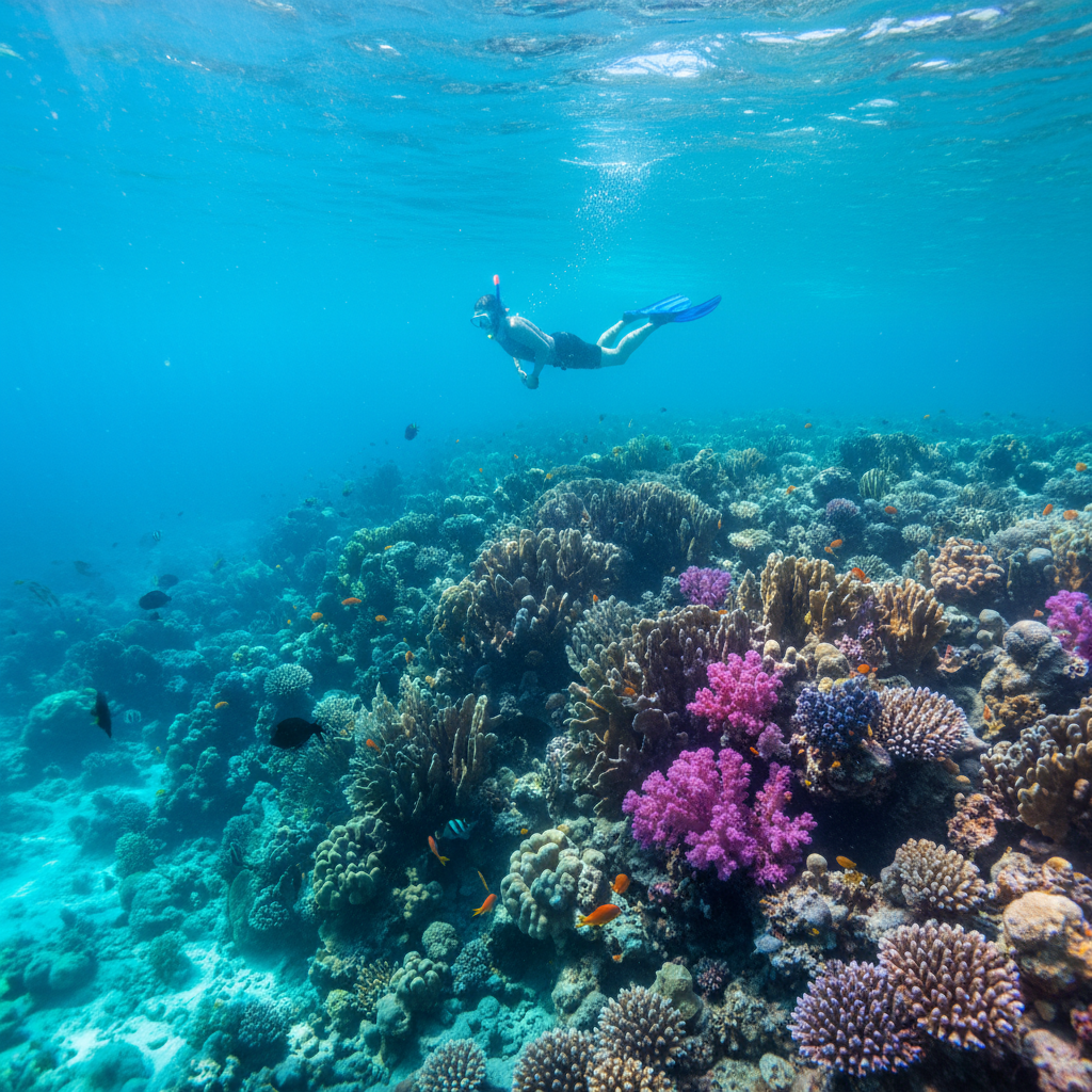 Snorkeler floating above vibrant coral reef with colorful tropical fish, crystal clear turquoise water, sunlight rays penetrating deep