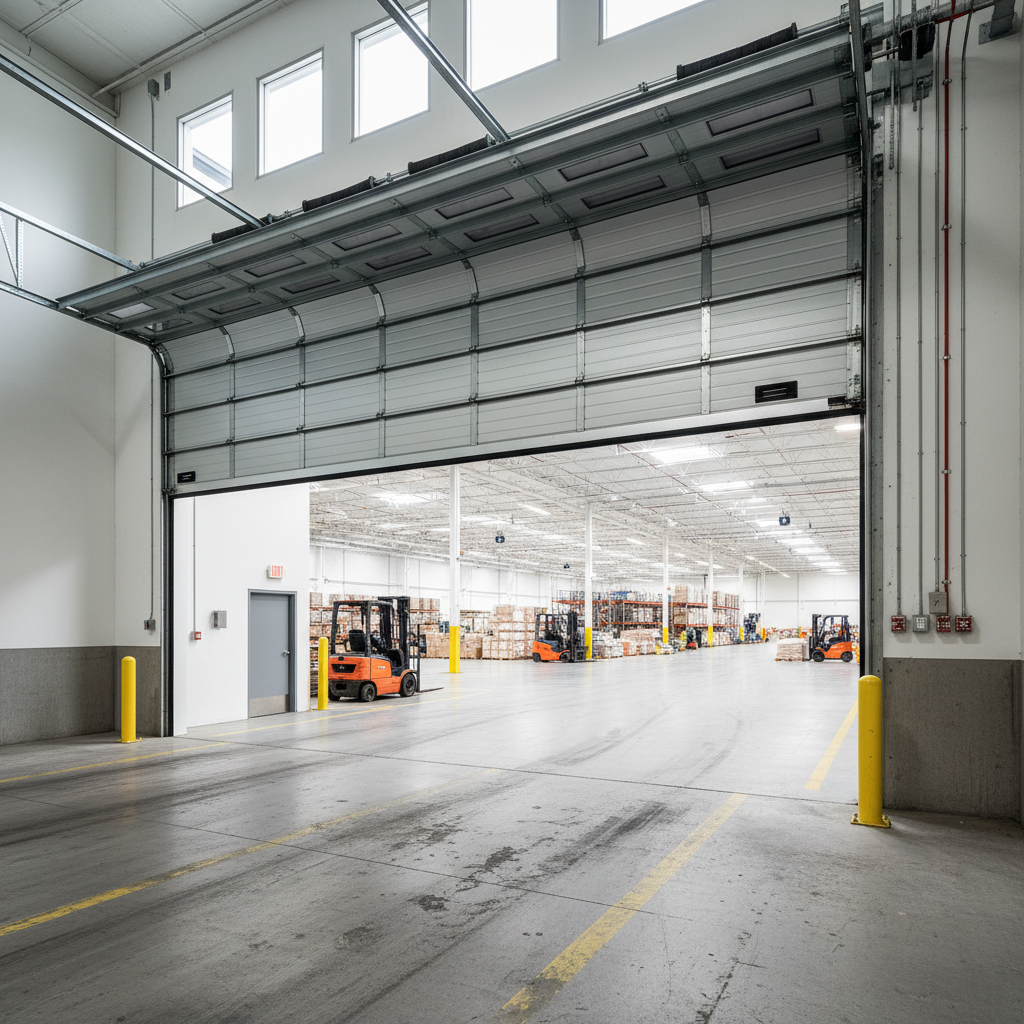 Large commercial overhead door on industrial warehouse building, steel roll-up door, exterior loading bay